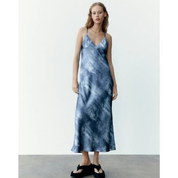 Zara XS Dress Spaghetti Strap Backless Denim-Print Long Satin Lightweight - Picture 1 of 9